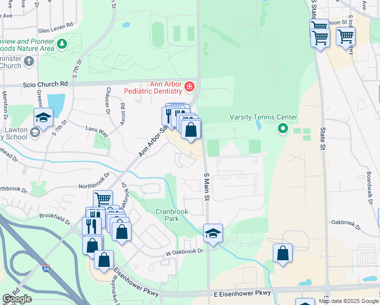 map of restaurants, bars, coffee shops, grocery stores, and more near 111 Fieldcrest Street in Ann Arbor