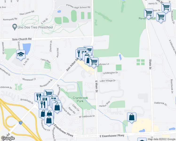 map of restaurants, bars, coffee shops, grocery stores, and more near 111 Fieldcrest Street in Ann Arbor