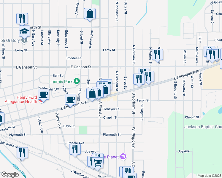 map of restaurants, bars, coffee shops, grocery stores, and more near 1706 East Michigan Avenue in Jackson