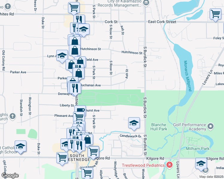 map of restaurants, bars, coffee shops, grocery stores, and more near 3911 South Rose Street in Kalamazoo