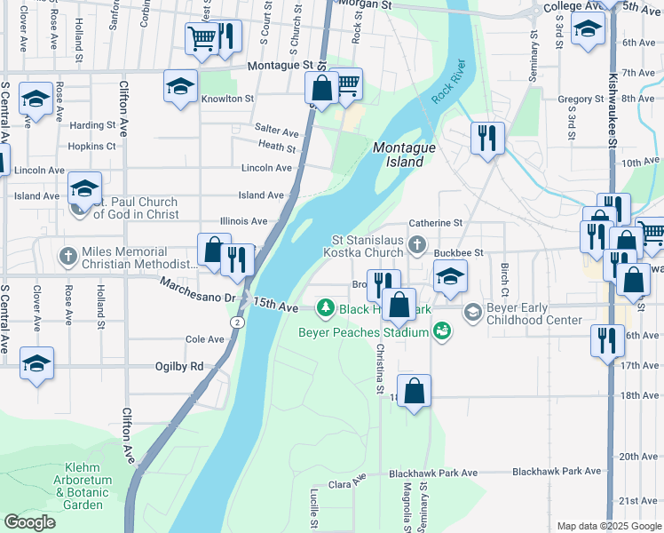 map of restaurants, bars, coffee shops, grocery stores, and more near 130 Broadway in Rockford