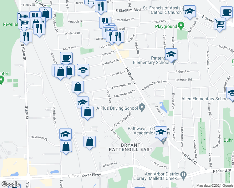 map of restaurants, bars, coffee shops, grocery stores, and more near 1453 Marlborough Drive in Ann Arbor