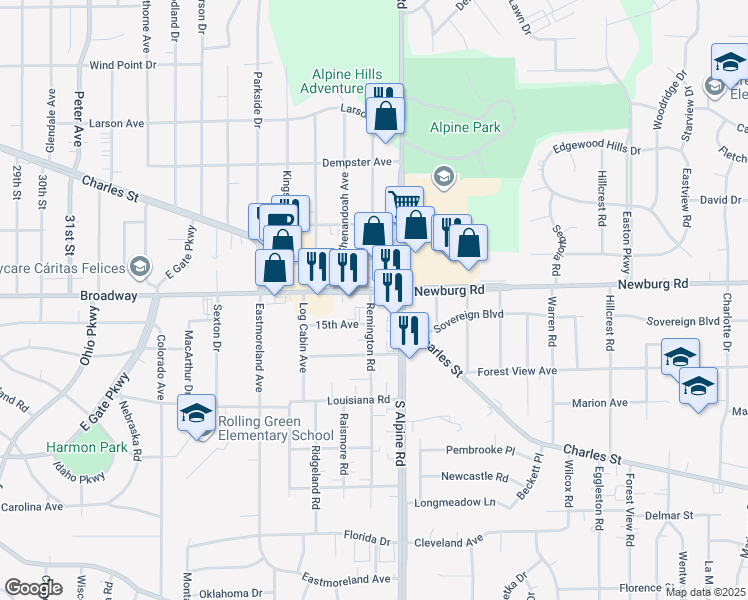 map of restaurants, bars, coffee shops, grocery stores, and more near in Rockford
