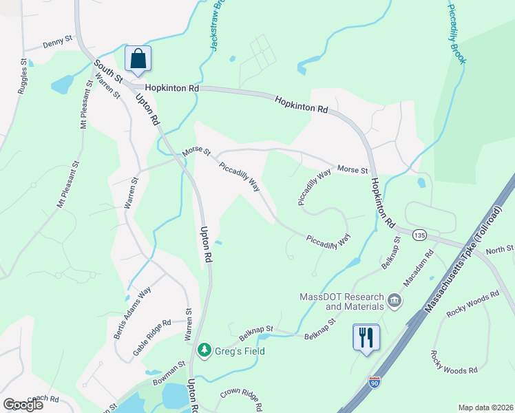 map of restaurants, bars, coffee shops, grocery stores, and more near 23 Piccadilly Way in Westborough