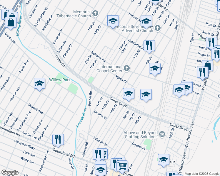map of restaurants, bars, coffee shops, grocery stores, and more near 4176 11th Street in Ecorse