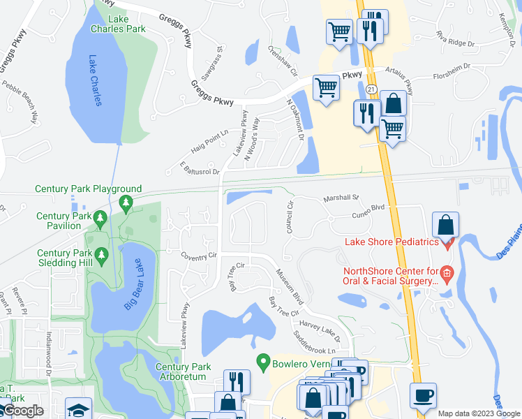map of restaurants, bars, coffee shops, grocery stores, and more near 435 Pine Lake Circle in Vernon Hills