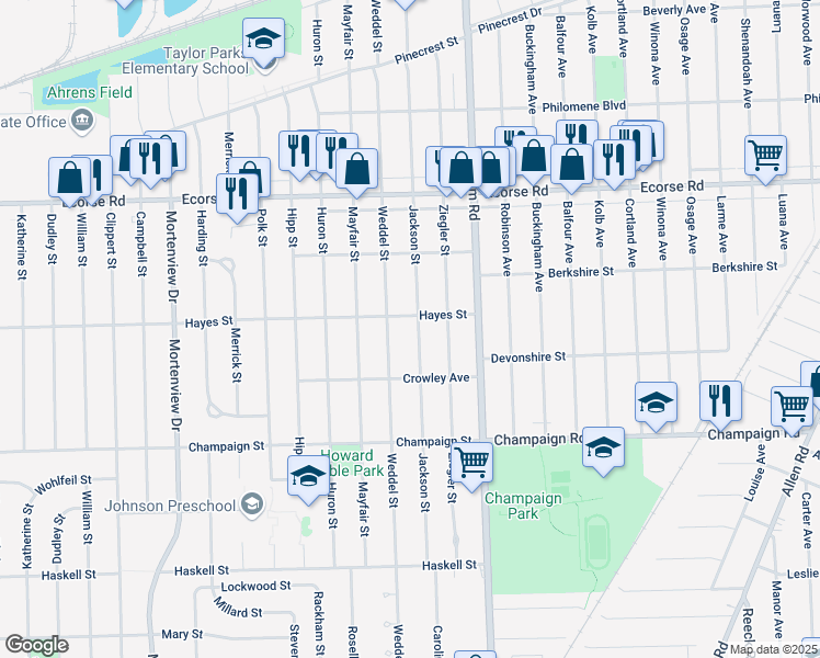 map of restaurants, bars, coffee shops, grocery stores, and more near 7772 Jackson Street in Taylor