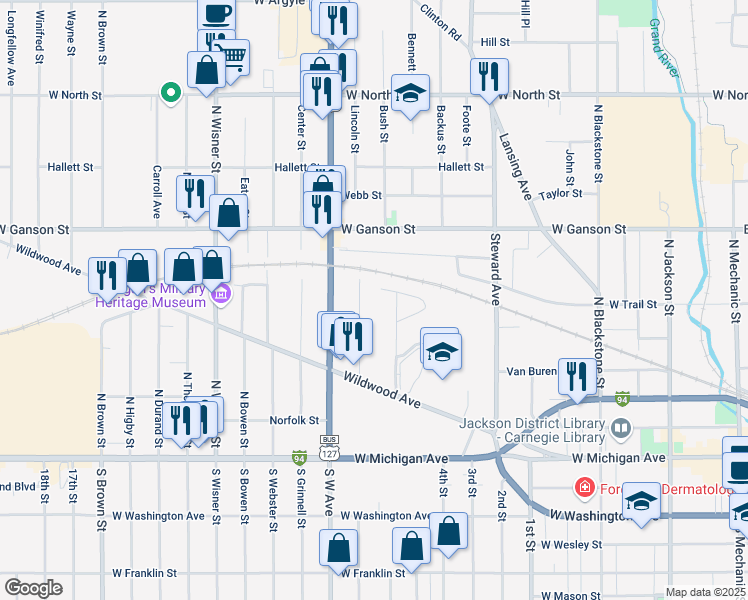 map of restaurants, bars, coffee shops, grocery stores, and more near 347 Carr Street in Jackson