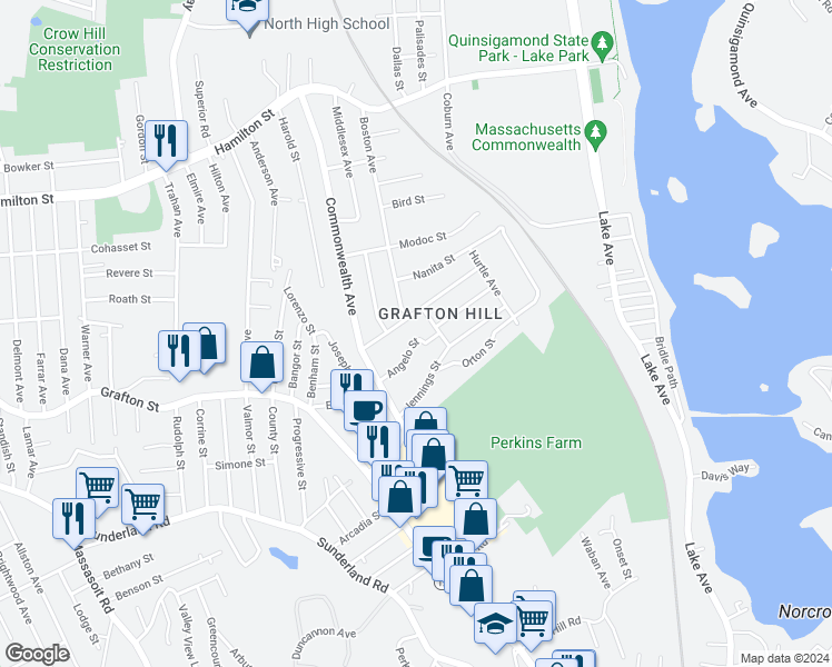 map of restaurants, bars, coffee shops, grocery stores, and more near 37 Angelo Street in Worcester