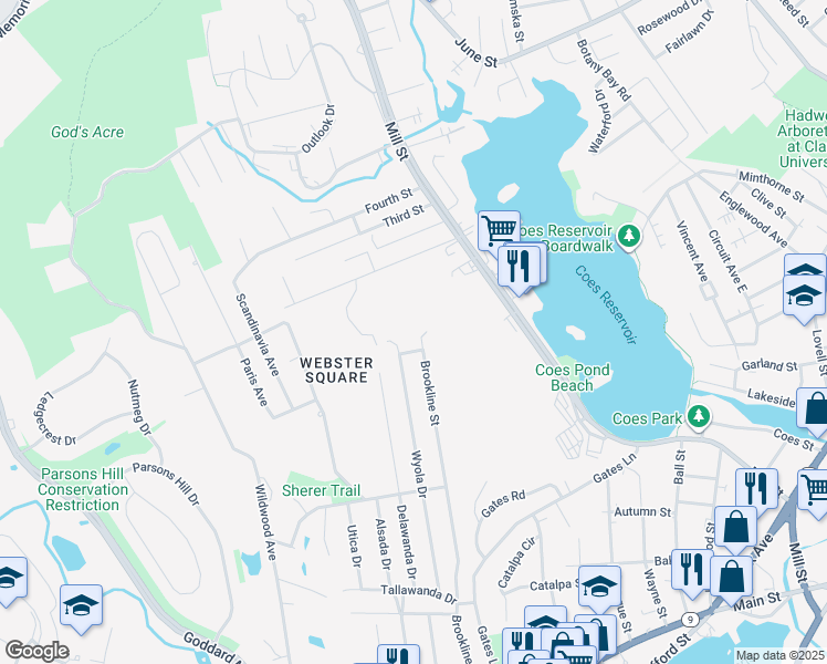map of restaurants, bars, coffee shops, grocery stores, and more near 177 Brookline Street in Worcester