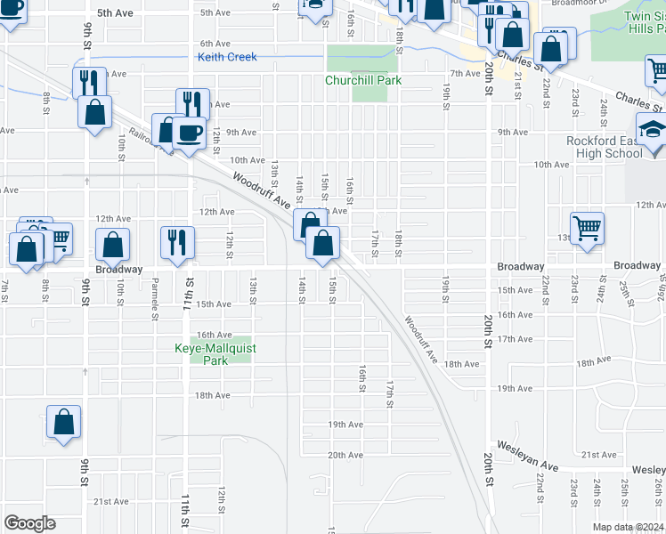 map of restaurants, bars, coffee shops, grocery stores, and more near Broadway in Rockford