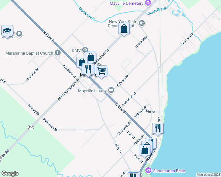 map of restaurants, bars, coffee shops, grocery stores, and more near 88 South Erie Street in Mayville