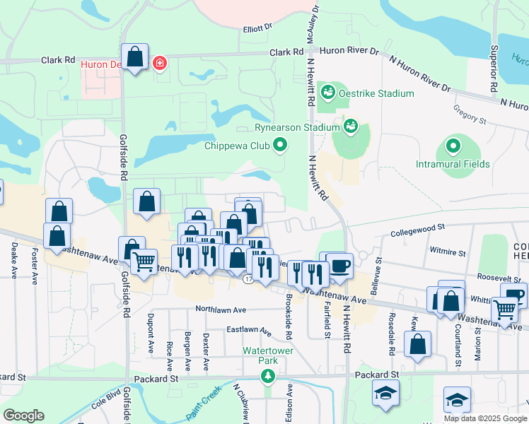 map of restaurants, bars, coffee shops, grocery stores, and more near 2531 International Drive in Ypsilanti