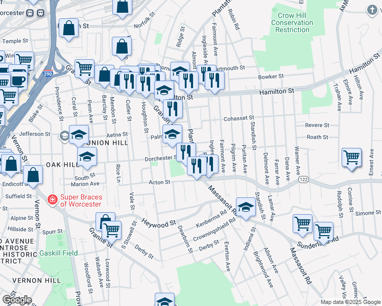 map of restaurants, bars, coffee shops, grocery stores, and more near 17 Plantation Street in Worcester
