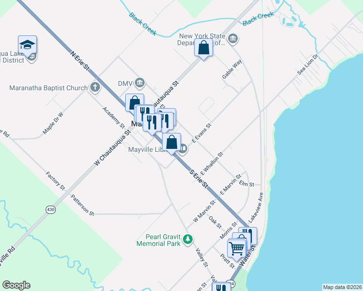 map of restaurants, bars, coffee shops, grocery stores, and more near 88 South Erie Street in Mayville