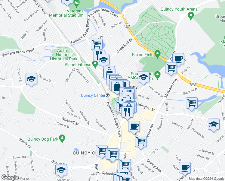 map of restaurants, bars, coffee shops, grocery stores, and more near 1205 Hancock Street in Quincy