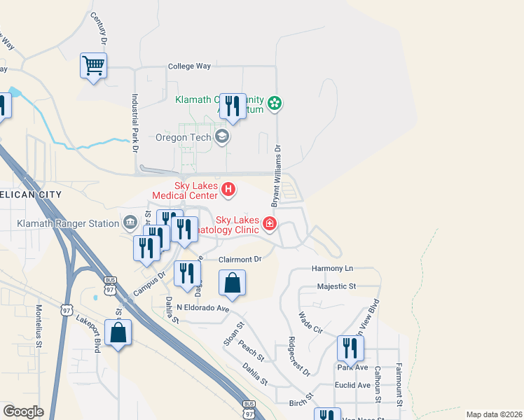 map of restaurants, bars, coffee shops, grocery stores, and more near 2200 Bryant Williams Drive in Klamath Falls