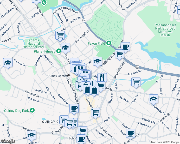 map of restaurants, bars, coffee shops, grocery stores, and more near in Quincy