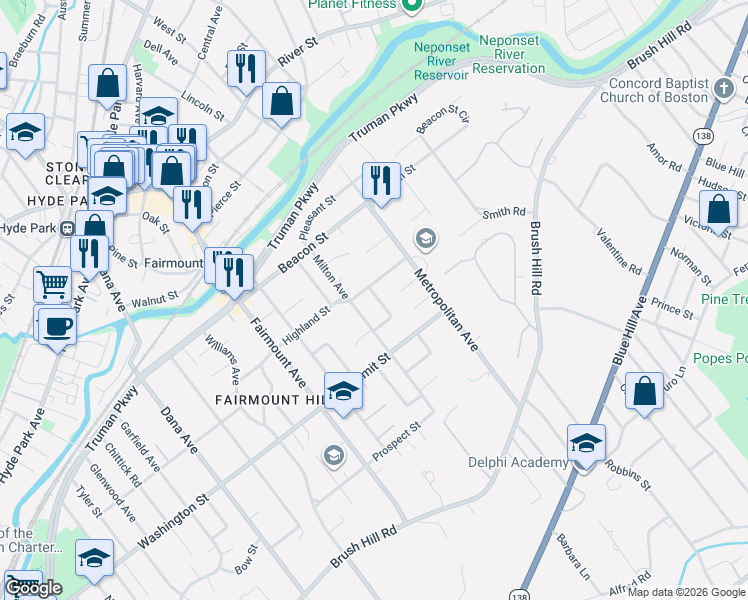 map of restaurants, bars, coffee shops, grocery stores, and more near 19 Spring Hill Road in Boston