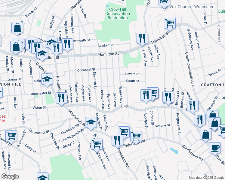map of restaurants, bars, coffee shops, grocery stores, and more near 175 Dana Avenue in Worcester