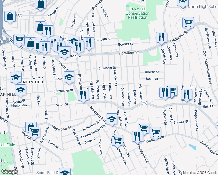 map of restaurants, bars, coffee shops, grocery stores, and more near 197 Pilgrim Avenue in Worcester