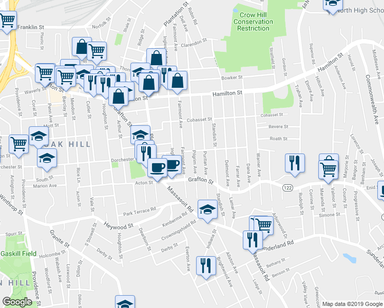 map of restaurants, bars, coffee shops, grocery stores, and more near 197 Pilgrim Avenue in Worcester