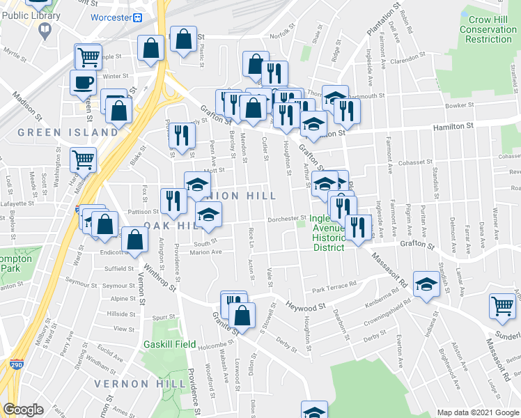 map of restaurants, bars, coffee shops, grocery stores, and more near 127 Dorchester Street in Worcester