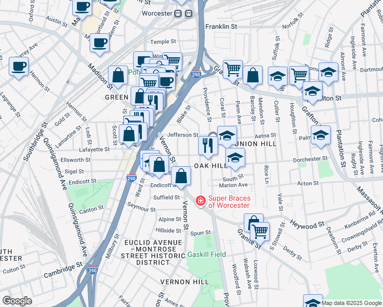 map of restaurants, bars, coffee shops, grocery stores, and more near 47 Dorchester Street in Worcester