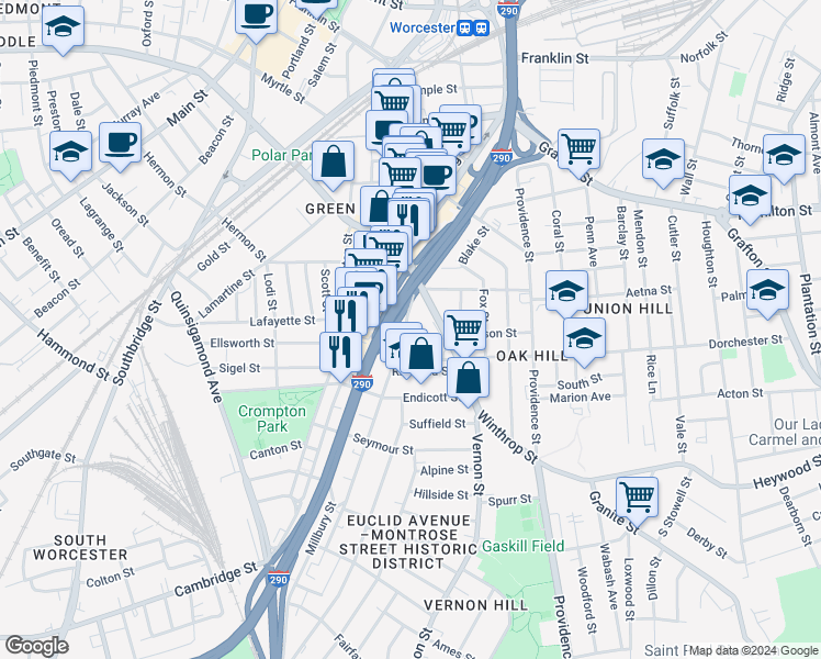 map of restaurants, bars, coffee shops, grocery stores, and more near 31 Ward Street in Worcester