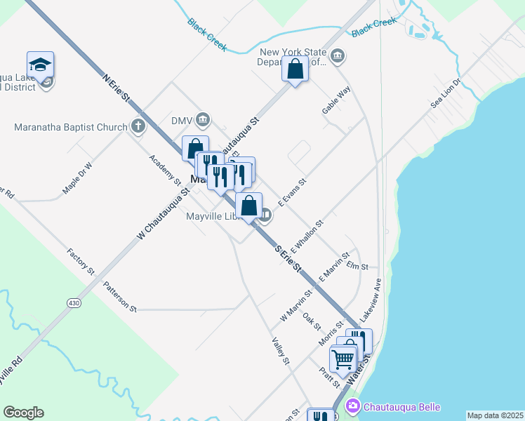 map of restaurants, bars, coffee shops, grocery stores, and more near 88 South Erie Street in Mayville