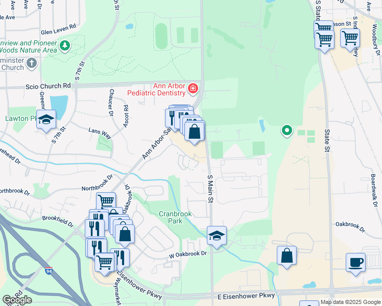 map of restaurants, bars, coffee shops, grocery stores, and more near 111 Fieldcrest Street in Ann Arbor