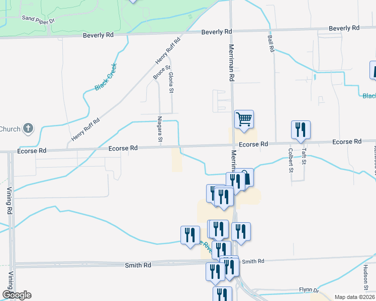map of restaurants, bars, coffee shops, grocery stores, and more near 31737 Ecorse Road in Romulus
