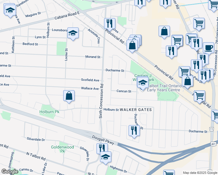 map of restaurants, bars, coffee shops, grocery stores, and more near 4033 Cosenza Street in Windsor