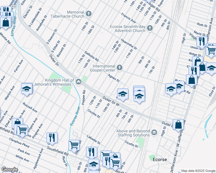 map of restaurants, bars, coffee shops, grocery stores, and more near 4176 11th Street in Ecorse