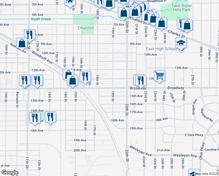 map of restaurants, bars, coffee shops, grocery stores, and more near 2240 Broadway in Rockford