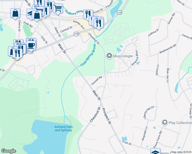 map of restaurants, bars, coffee shops, grocery stores, and more near 18 Sunset Rd in Ashland