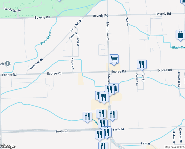 map of restaurants, bars, coffee shops, grocery stores, and more near 31647 Ecorse Road in Romulus