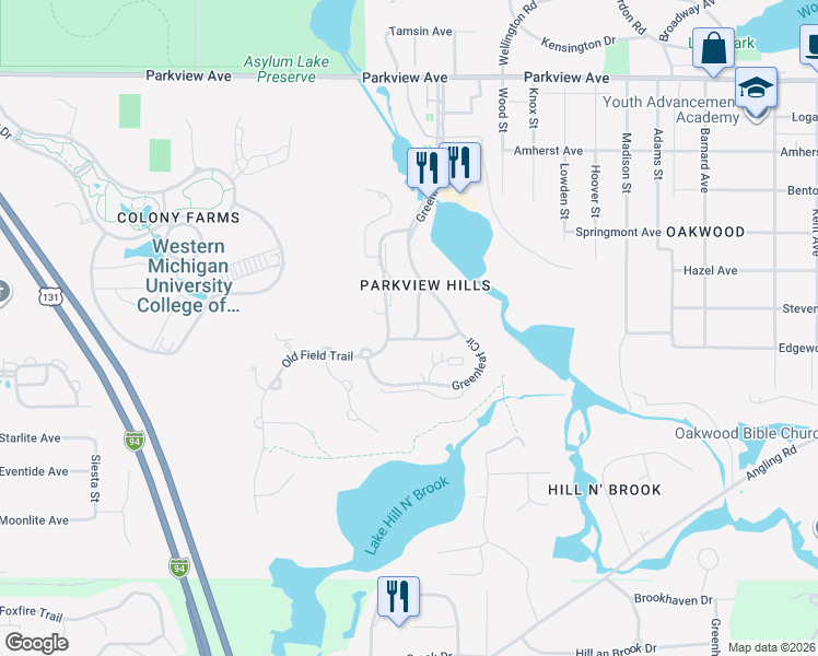 map of restaurants, bars, coffee shops, grocery stores, and more near 3400 Woodstone Drive in Kalamazoo