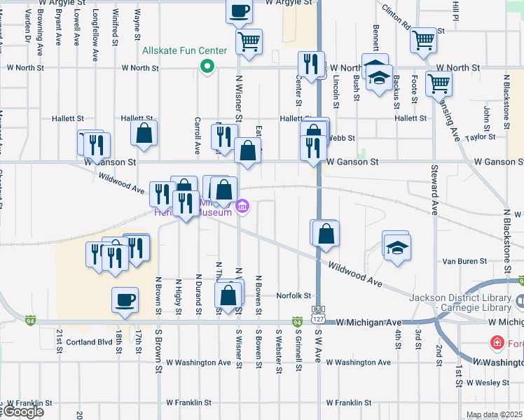 map of restaurants, bars, coffee shops, grocery stores, and more near 331 North Bowen Street in Jackson