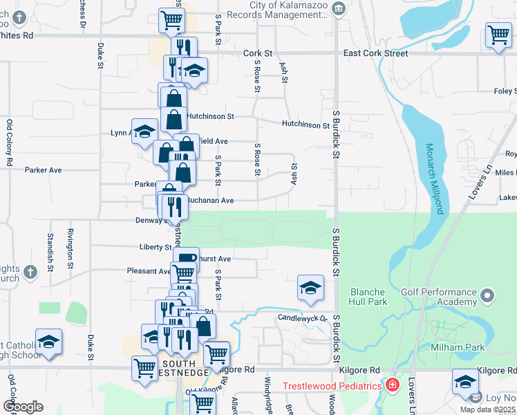 map of restaurants, bars, coffee shops, grocery stores, and more near 3911 South Rose Street in Kalamazoo