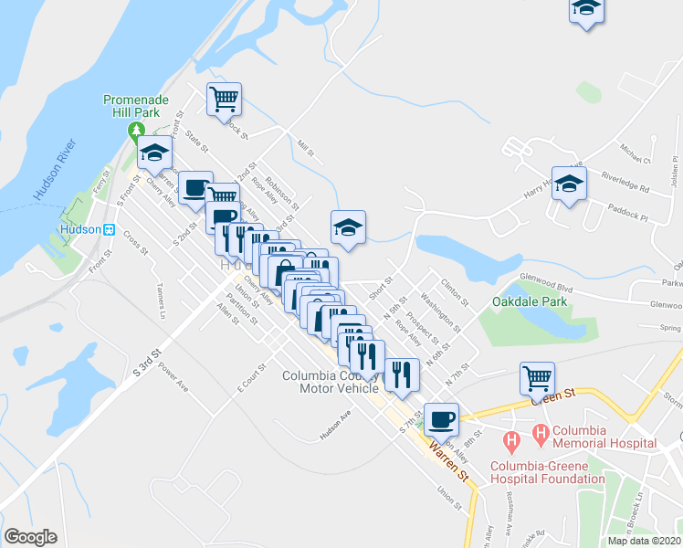 map of restaurants, bars, coffee shops, grocery stores, and more near 400 State Street in Hudson