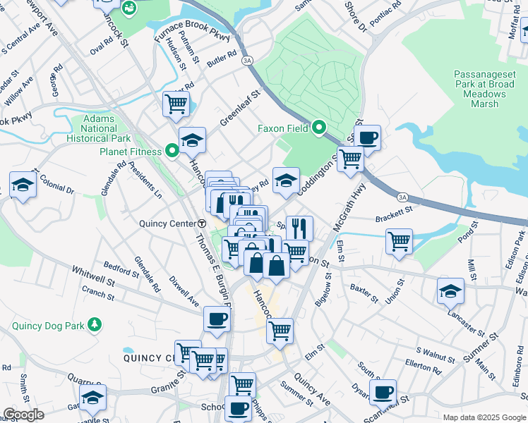 map of restaurants, bars, coffee shops, grocery stores, and more near 26 Coddington Street in Quincy