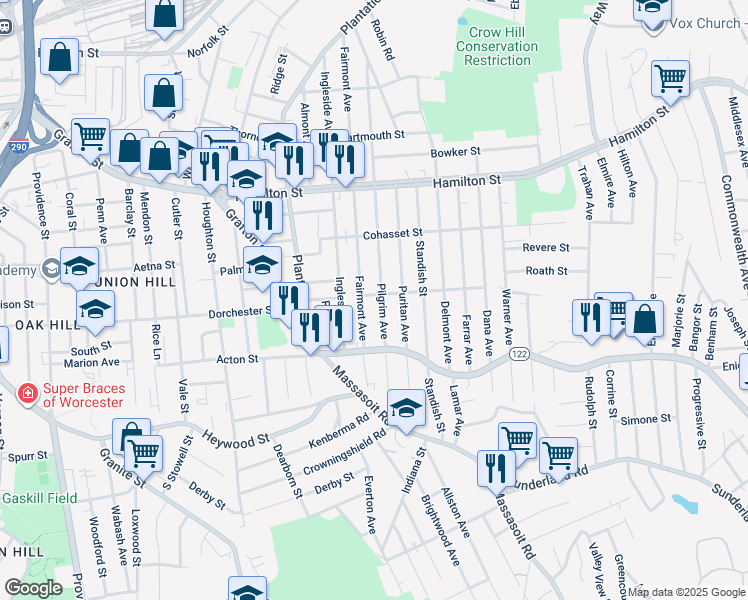 map of restaurants, bars, coffee shops, grocery stores, and more near 2 Bedford Avenue in Worcester