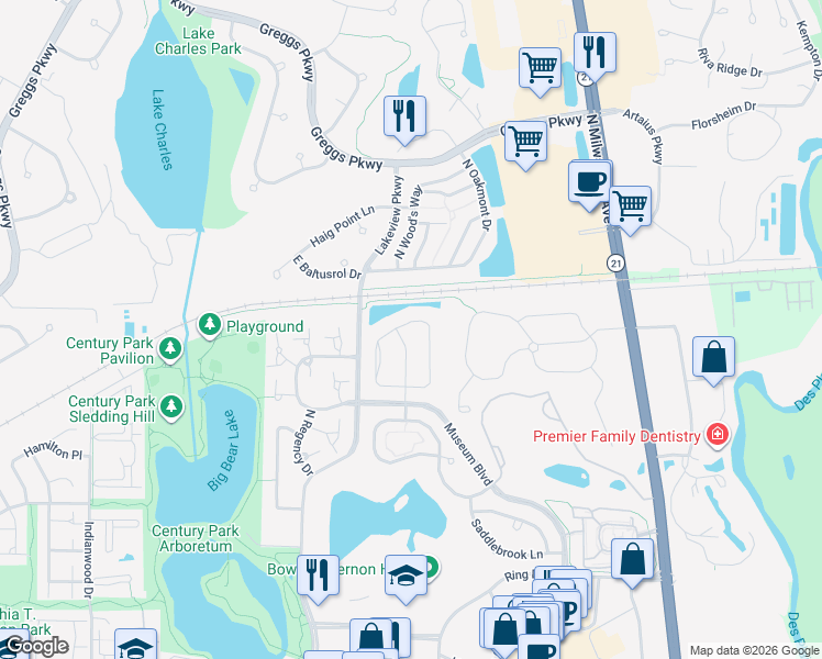 map of restaurants, bars, coffee shops, grocery stores, and more near 1453 North Pinehurst Drive in Vernon Hills