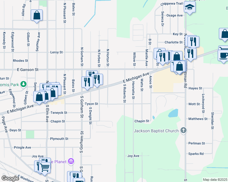 map of restaurants, bars, coffee shops, grocery stores, and more near 2301 East Michigan Avenue in Jackson