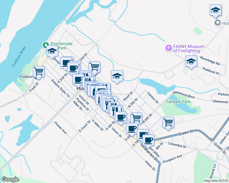 map of restaurants, bars, coffee shops, grocery stores, and more near 400 State Street in Hudson