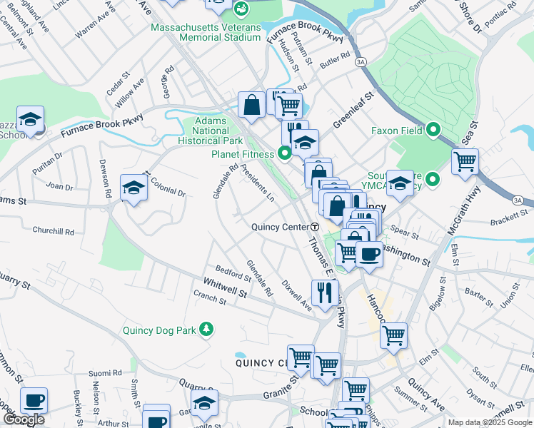 map of restaurants, bars, coffee shops, grocery stores, and more near 105 Presidents Lane in Quincy