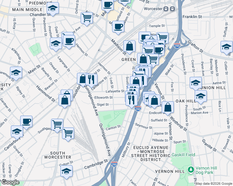 map of restaurants, bars, coffee shops, grocery stores, and more near 31 Ellsworth Street in Worcester