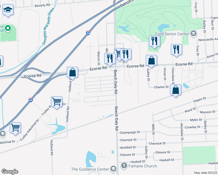map of restaurants, bars, coffee shops, grocery stores, and more near 7550 Beech Daly Road in Taylor