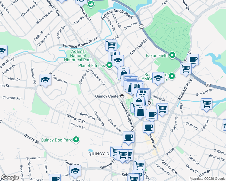 map of restaurants, bars, coffee shops, grocery stores, and more near 140 Presidents Lane in Quincy